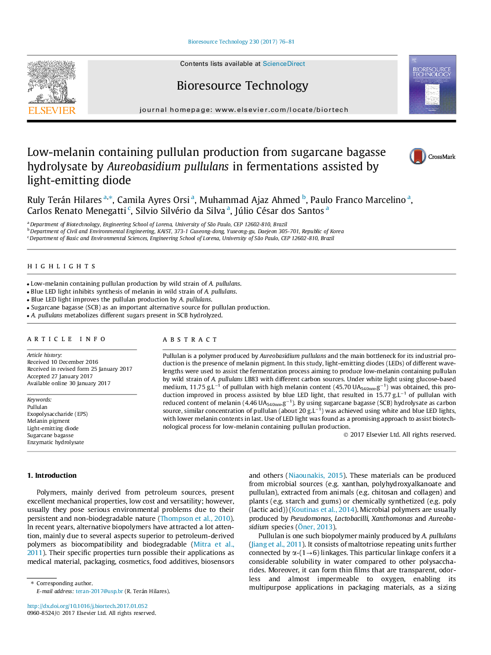 Low-melanin containing pullulan production from sugarcane bagasse hydrolysate by Aureobasidium pullulans in fermentations assisted by light-emitting diode