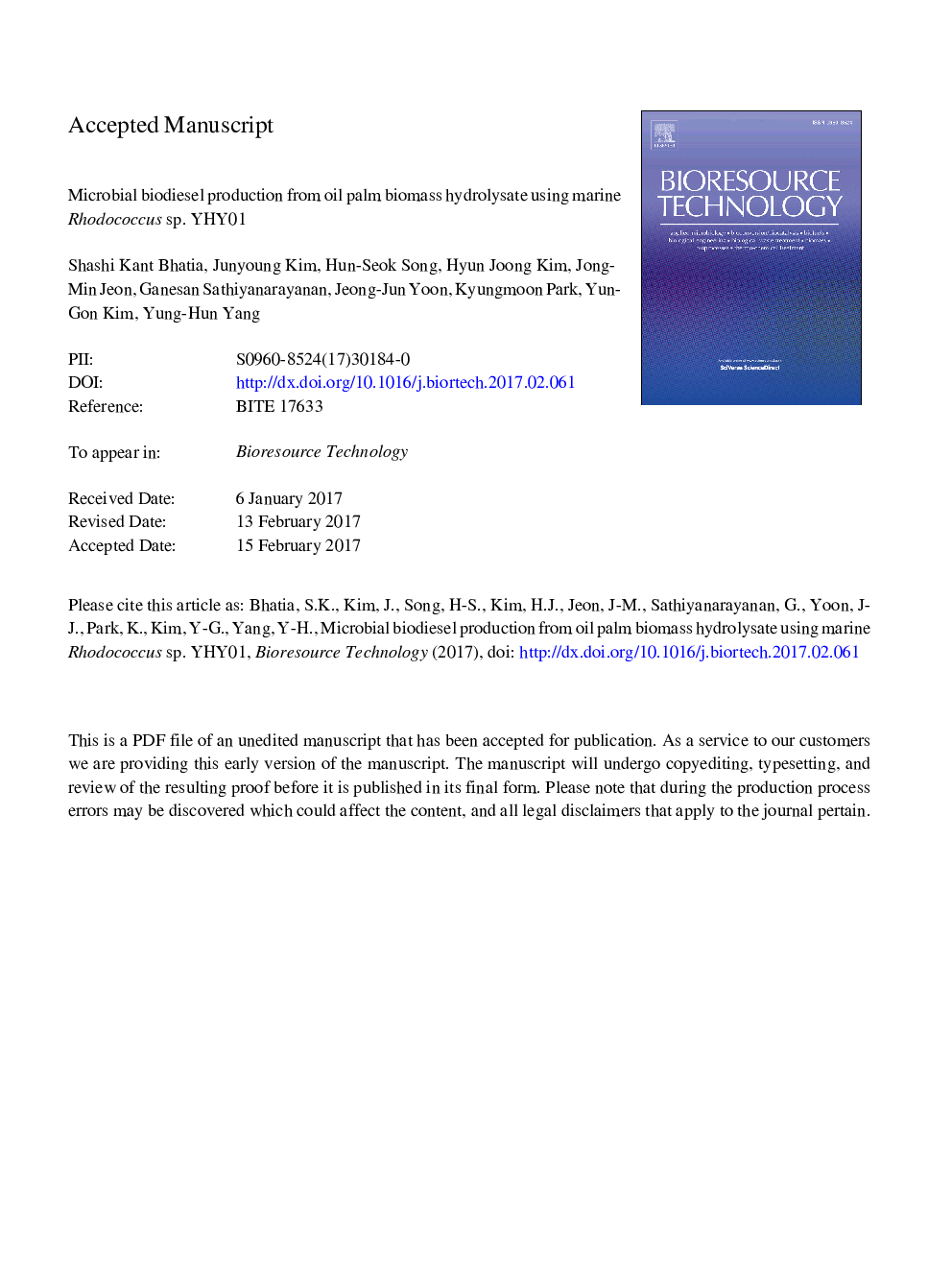 Microbial biodiesel production from oil palm biomass hydrolysate using marine Rhodococcus sp. YHY01