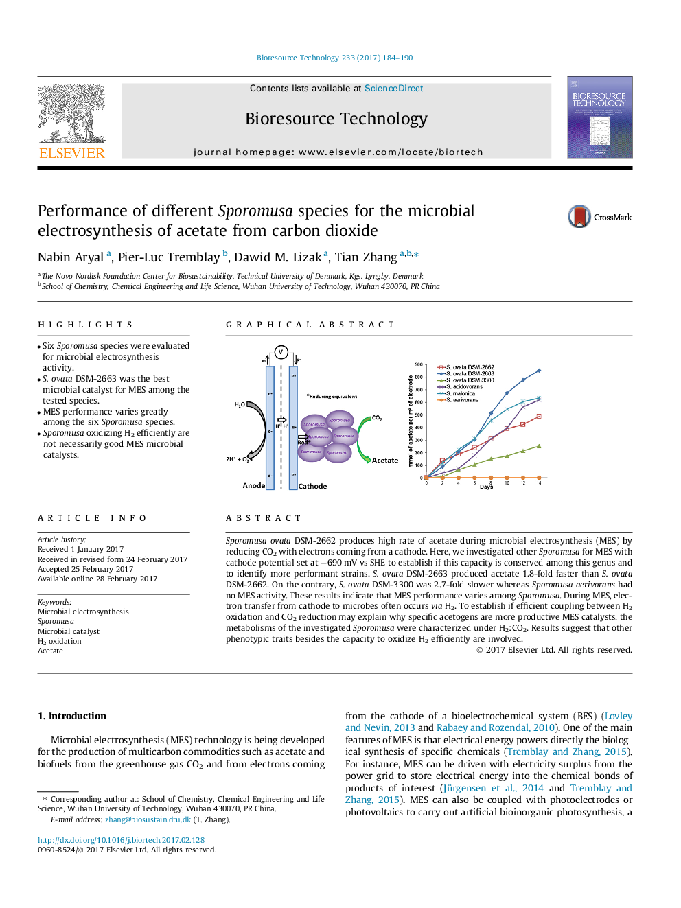 Performance of different Sporomusa species for the microbial electrosynthesis of acetate from carbon dioxide