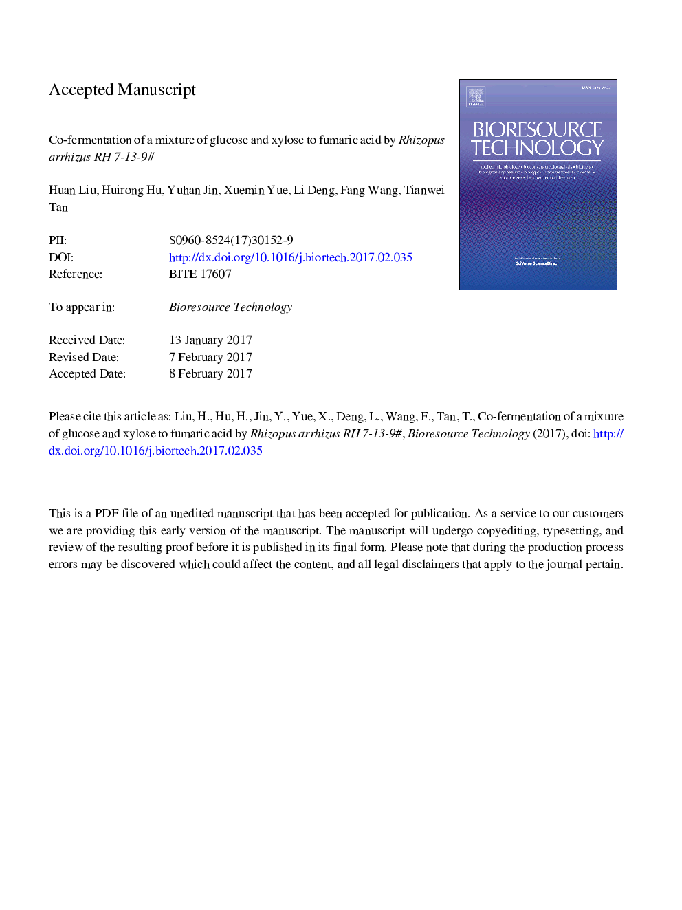 Co-fermentation of a mixture of glucose and xylose to fumaric acid by Rhizopus arrhizus RH 7-13-9#