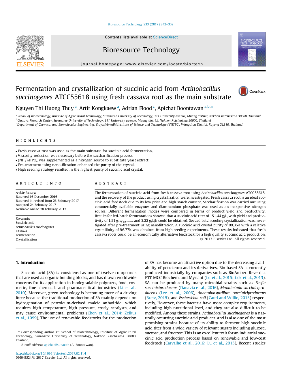 Fermentation and crystallization of succinic acid from Actinobacillus succinogenes ATCC55618 using fresh cassava root as the main substrate