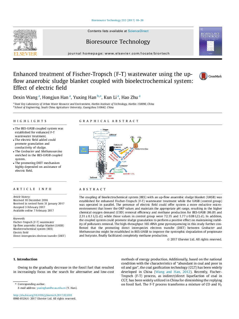 Enhanced treatment of Fischer-Tropsch (F-T) wastewater using the up-flow anaerobic sludge blanket coupled with bioelectrochemical system: Effect of electric field