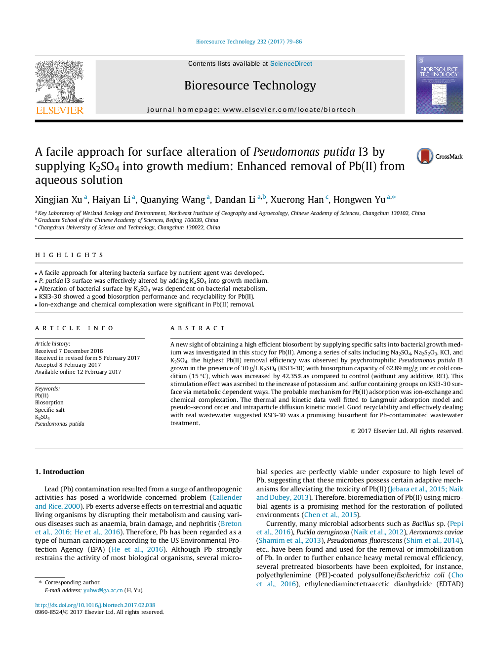 عکس صفحه اول مقاله: A facile approach for surface alteration of Pseudomonas putida I3 by supplying K2SO4 into growth medium: Enhanced removal of Pb(II) from aqueous solution A facile approach for surface alteration of Pseudomonas putida I3 by supplying K2SO4 into growth medium: Enhanced removal of Pb(II) from aqueous solution