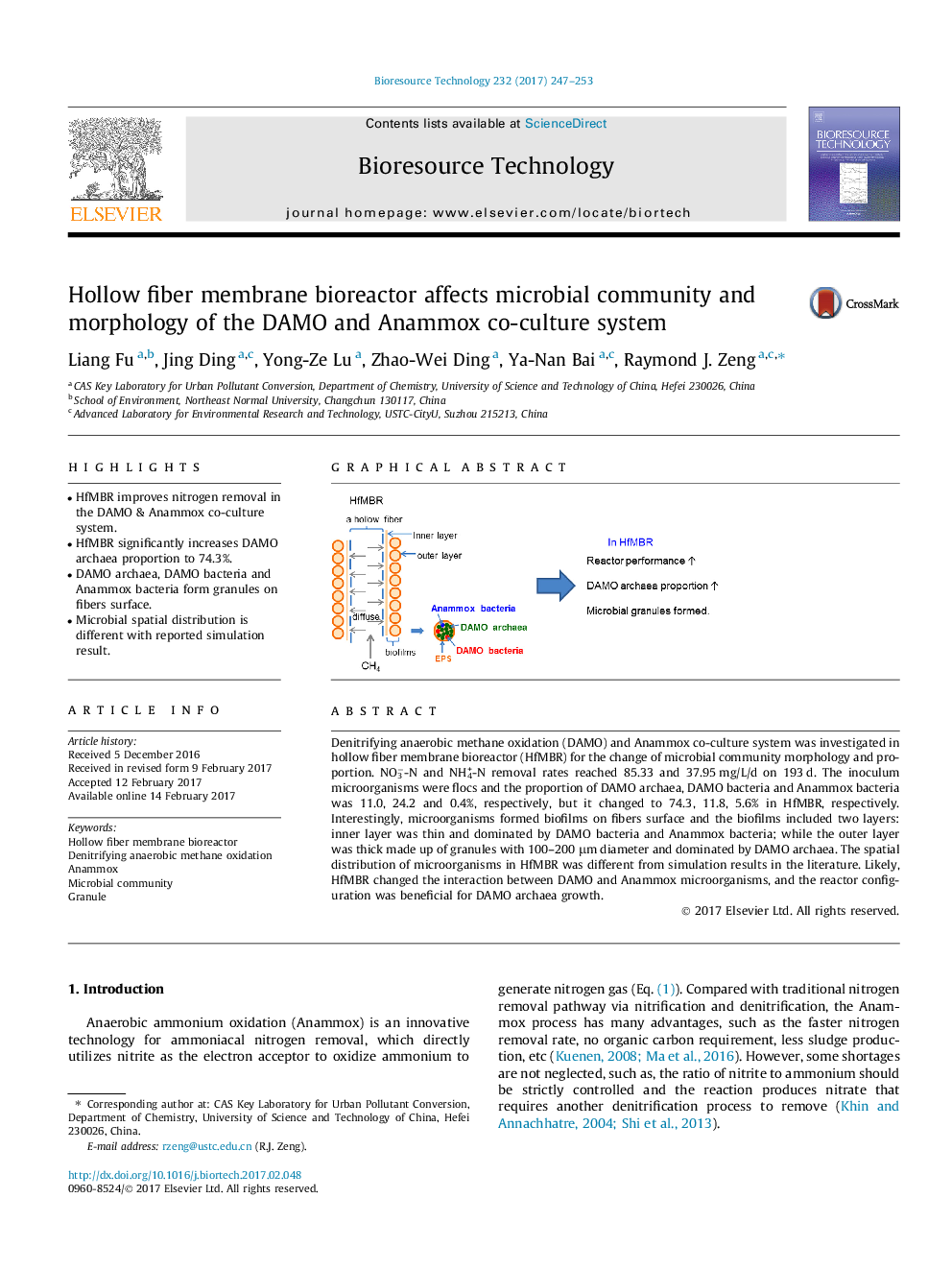 Hollow fiber membrane bioreactor affects microbial community and morphology of the DAMO and Anammox co-culture system