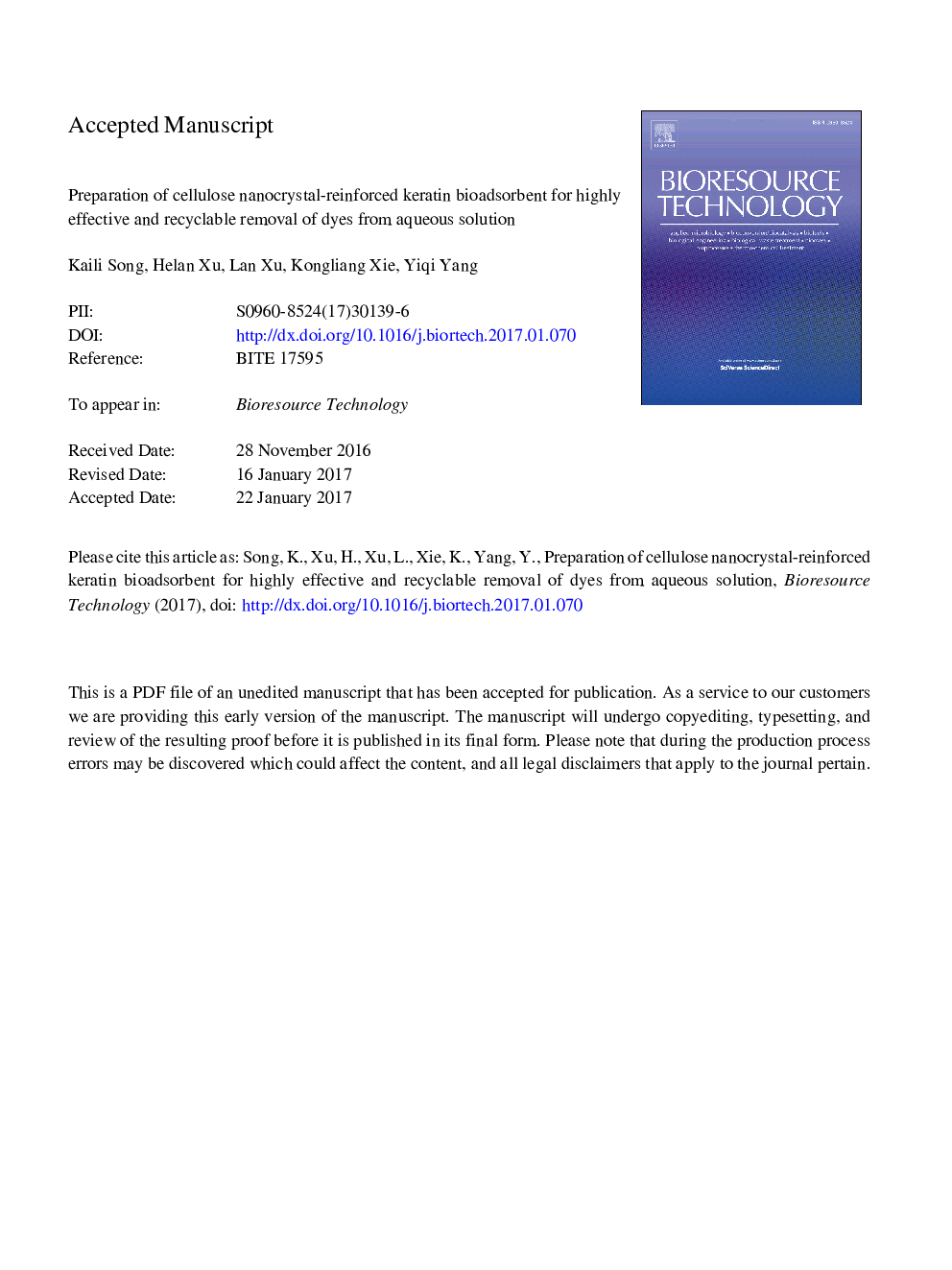 Cellulose nanocrystal-reinforced keratin bioadsorbent for effective removal of dyes from aqueous solution