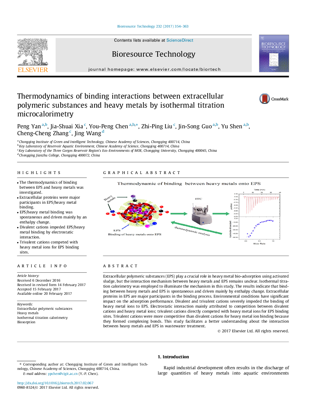 Thermodynamics of binding interactions between extracellular polymeric substances and heavy metals by isothermal titration microcalorimetry