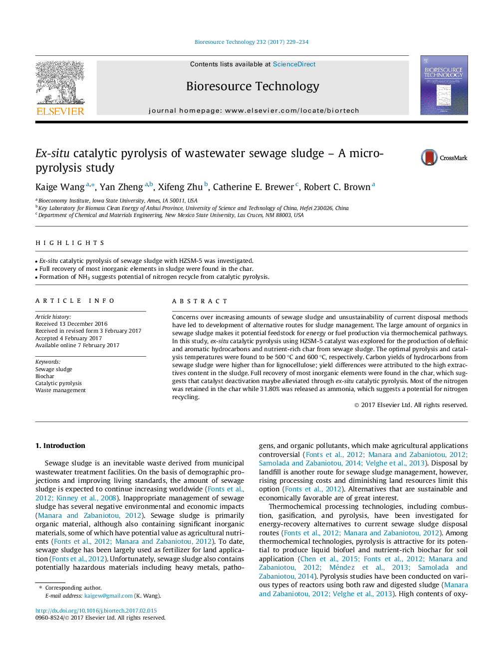 Ex-situ catalytic pyrolysis of wastewater sewage sludge - A micro-pyrolysis study