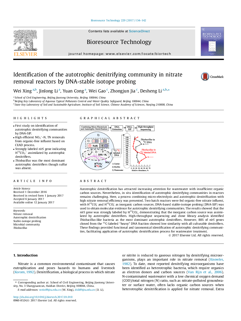 Identification of the autotrophic denitrifying community in nitrate removal reactors by DNA-stable isotope probing