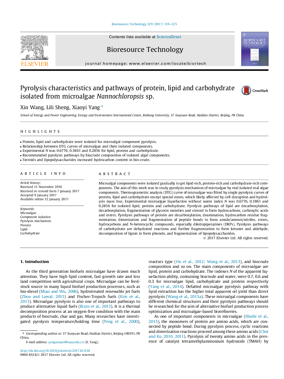 Pyrolysis characteristics and pathways of protein, lipid and carbohydrate isolated from microalgae Nannochloropsis sp.