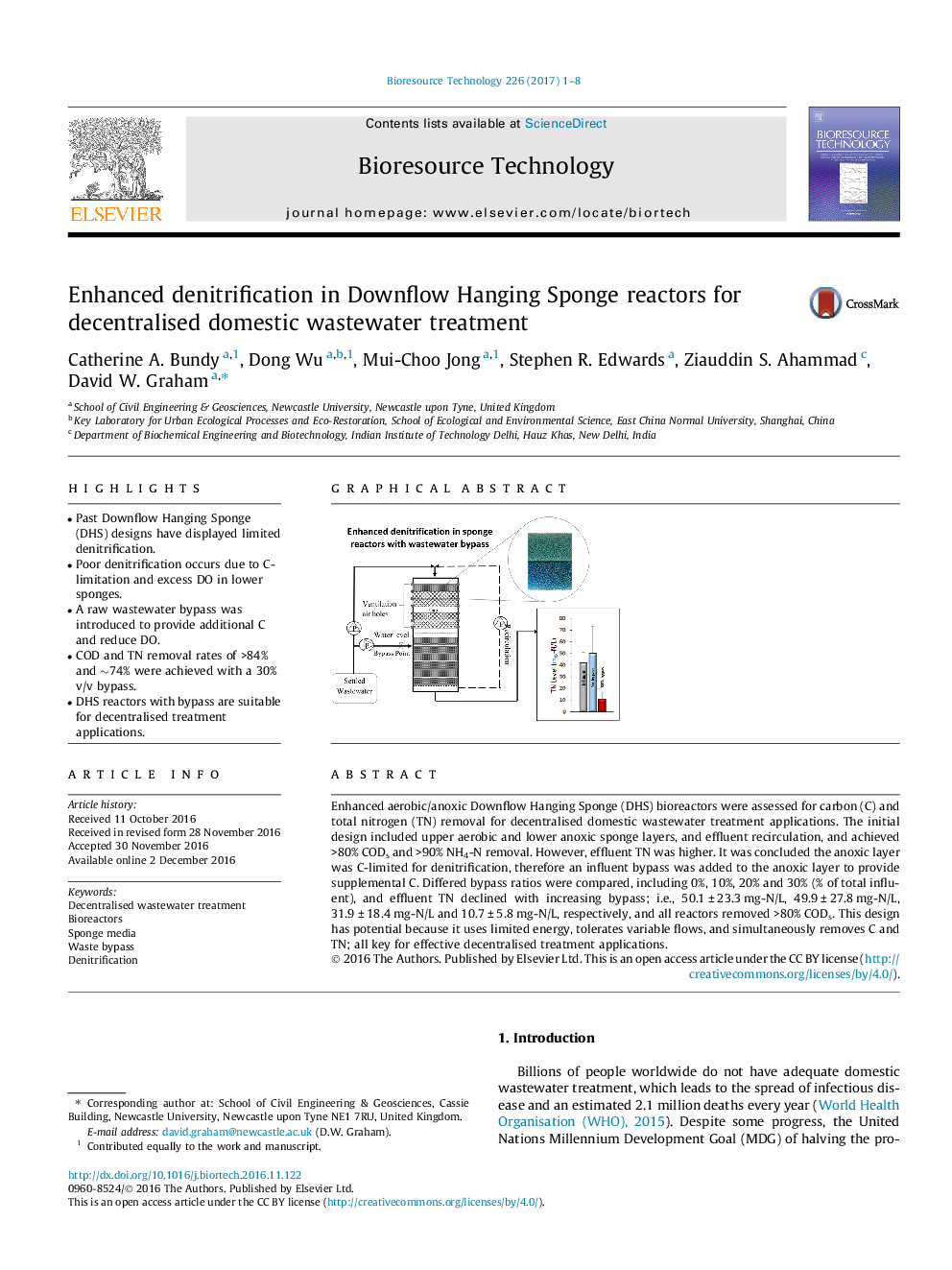 Enhanced denitrification in Downflow Hanging Sponge reactors for decentralised domestic wastewater treatment