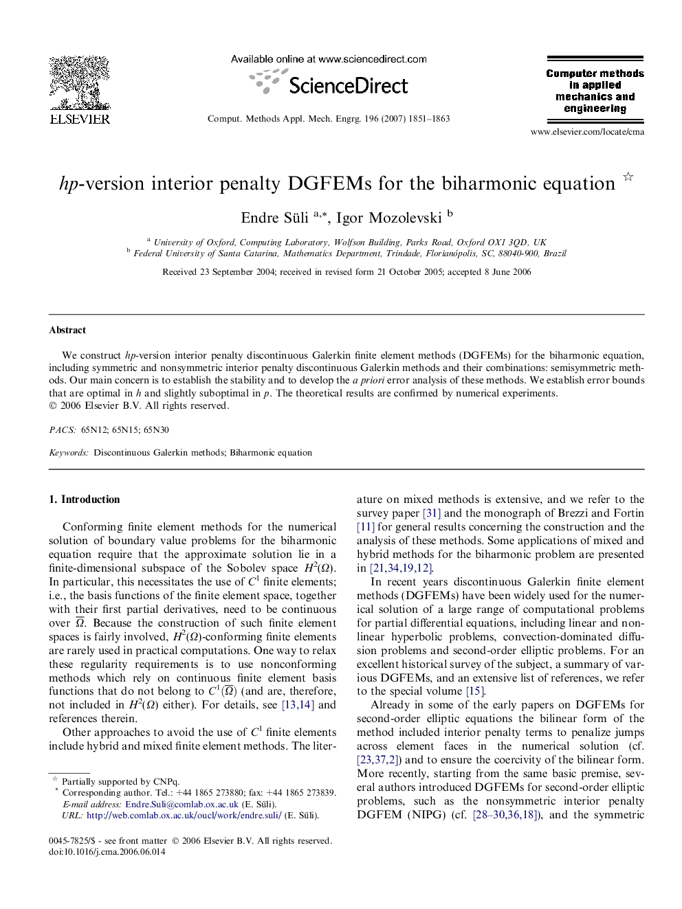 hp-version interior penalty DGFEMs for the biharmonic equation 