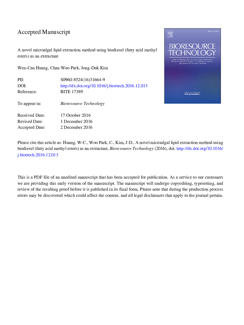 A novel microalgal lipid extraction method using biodiesel (fatty acid methyl esters) as an extractant