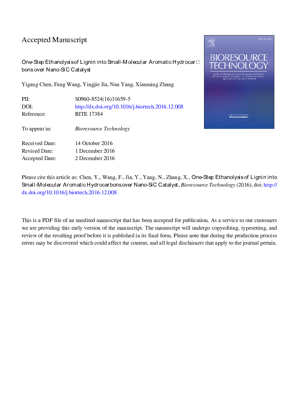 One-step ethanolysis of lignin into small-molecular aromatic hydrocarbons over nano-SiC catalyst