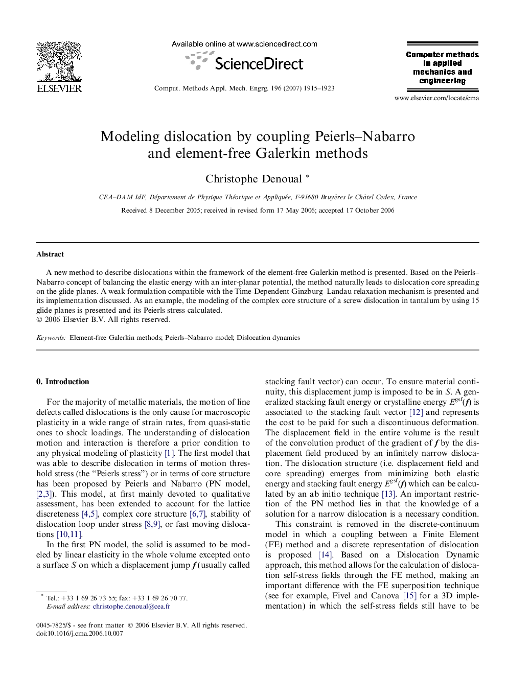 Modeling dislocation by coupling Peierls–Nabarro and element-free Galerkin methods