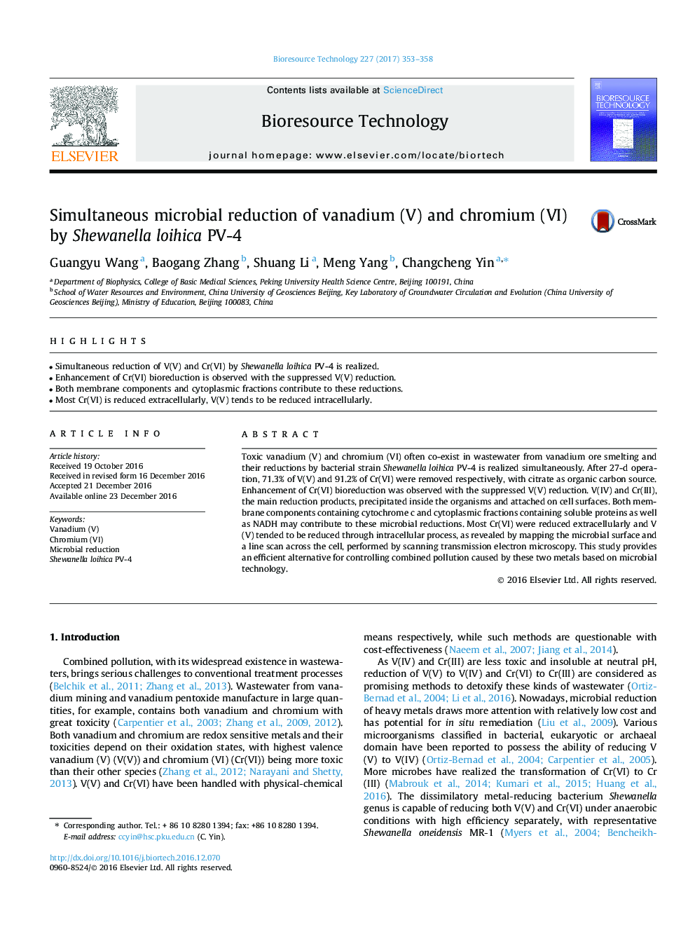 Simultaneous microbial reduction of vanadium (V) and chromium (VI) by Shewanella loihica PV-4