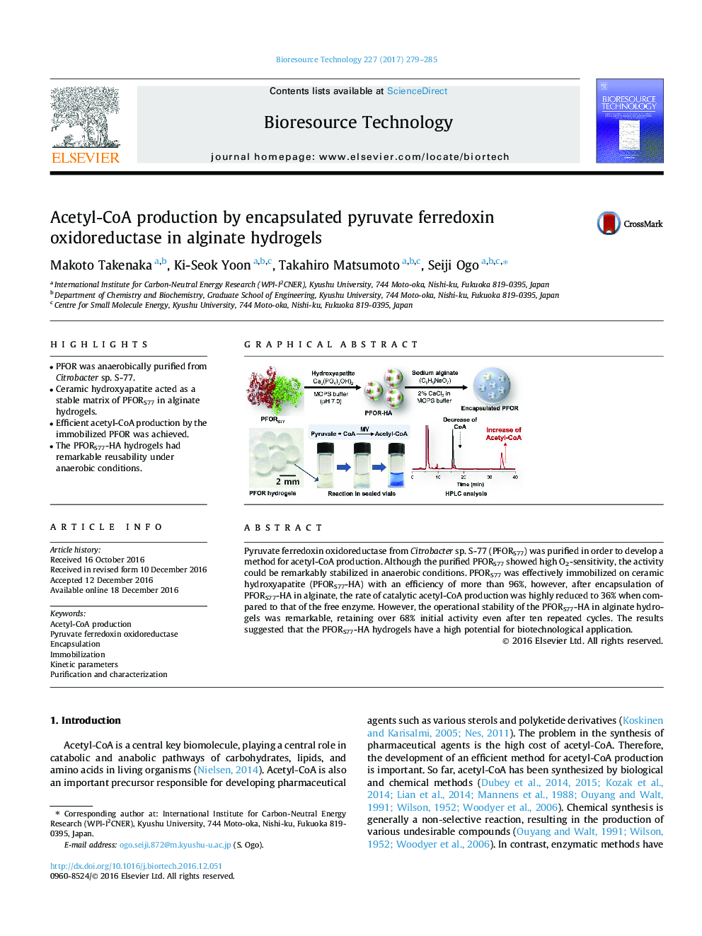 Acetyl-CoA production by encapsulated pyruvate ferredoxin oxidoreductase in alginate hydrogels