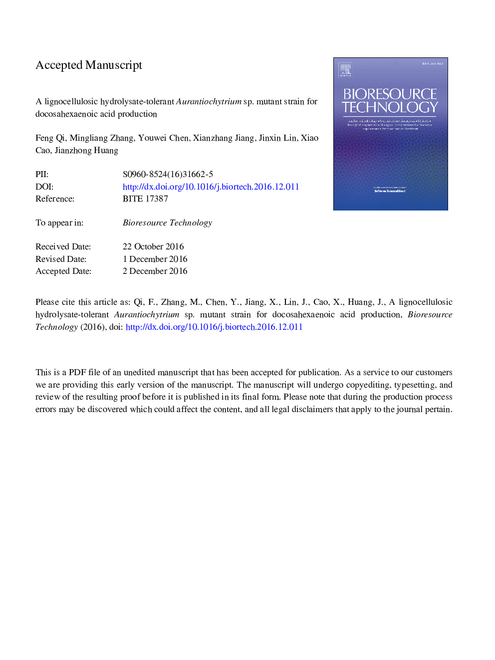 A lignocellulosic hydrolysate-tolerant Aurantiochytrium sp. mutant strain for docosahexaenoic acid production