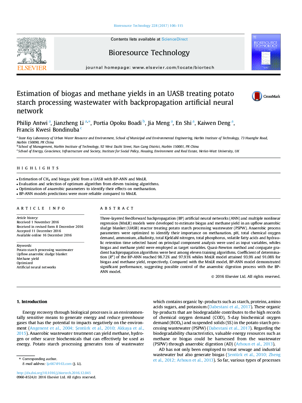 Estimation of biogas and methane yields in an UASB treating potato starch processing wastewater with backpropagation artificial neural network