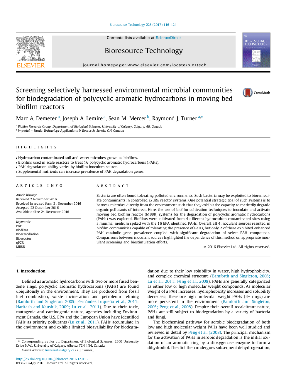 Screening selectively harnessed environmental microbial communities for biodegradation of polycyclic aromatic hydrocarbons in moving bed biofilm reactors