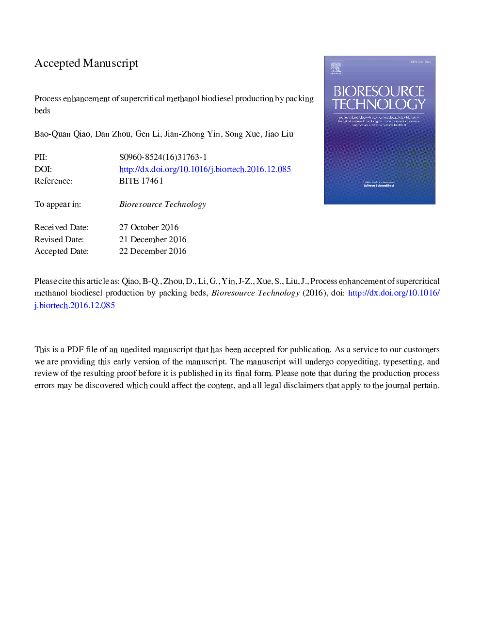 Process enhancement of supercritical methanol biodiesel production by packing beds