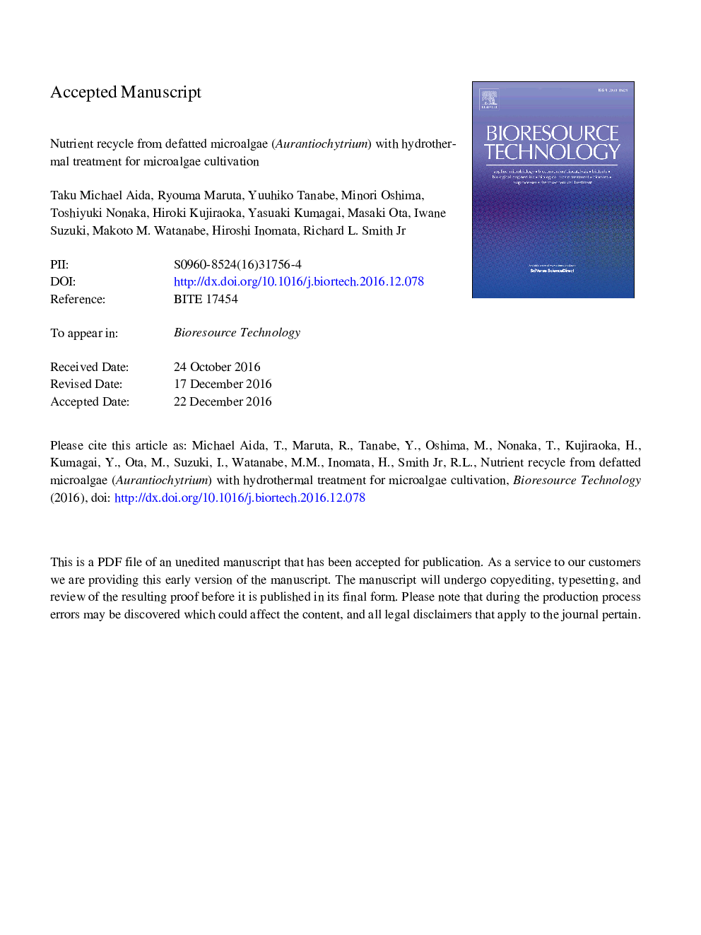 Nutrient recycle from defatted microalgae (Aurantiochytrium) with hydrothermal treatment for microalgae cultivation