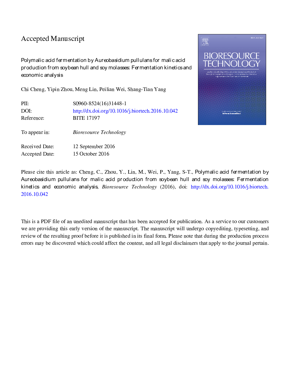 Polymalic acid fermentation by Aureobasidium pullulans for malic acid production from soybean hull and soy molasses: Fermentation kinetics and economic analysis