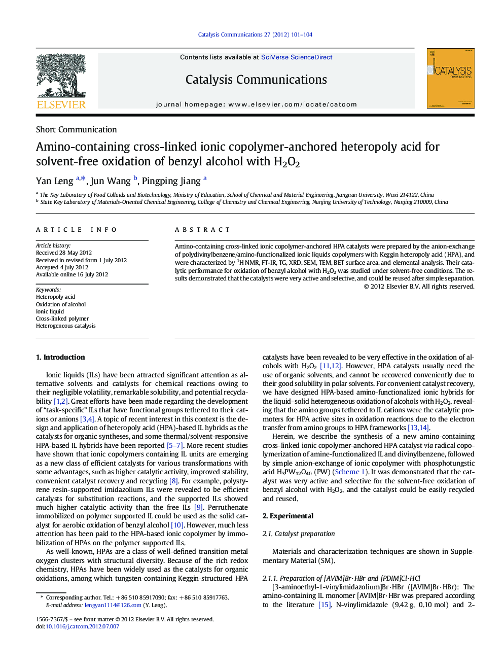 Amino-containing cross-linked ionic copolymer-anchored heteropoly acid for solvent-free oxidation of benzyl alcohol with H2O2