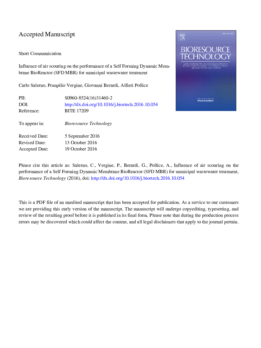 Influence of air scouring on the performance of a Self Forming Dynamic Membrane BioReactor (SFD MBR) for municipal wastewater treatment