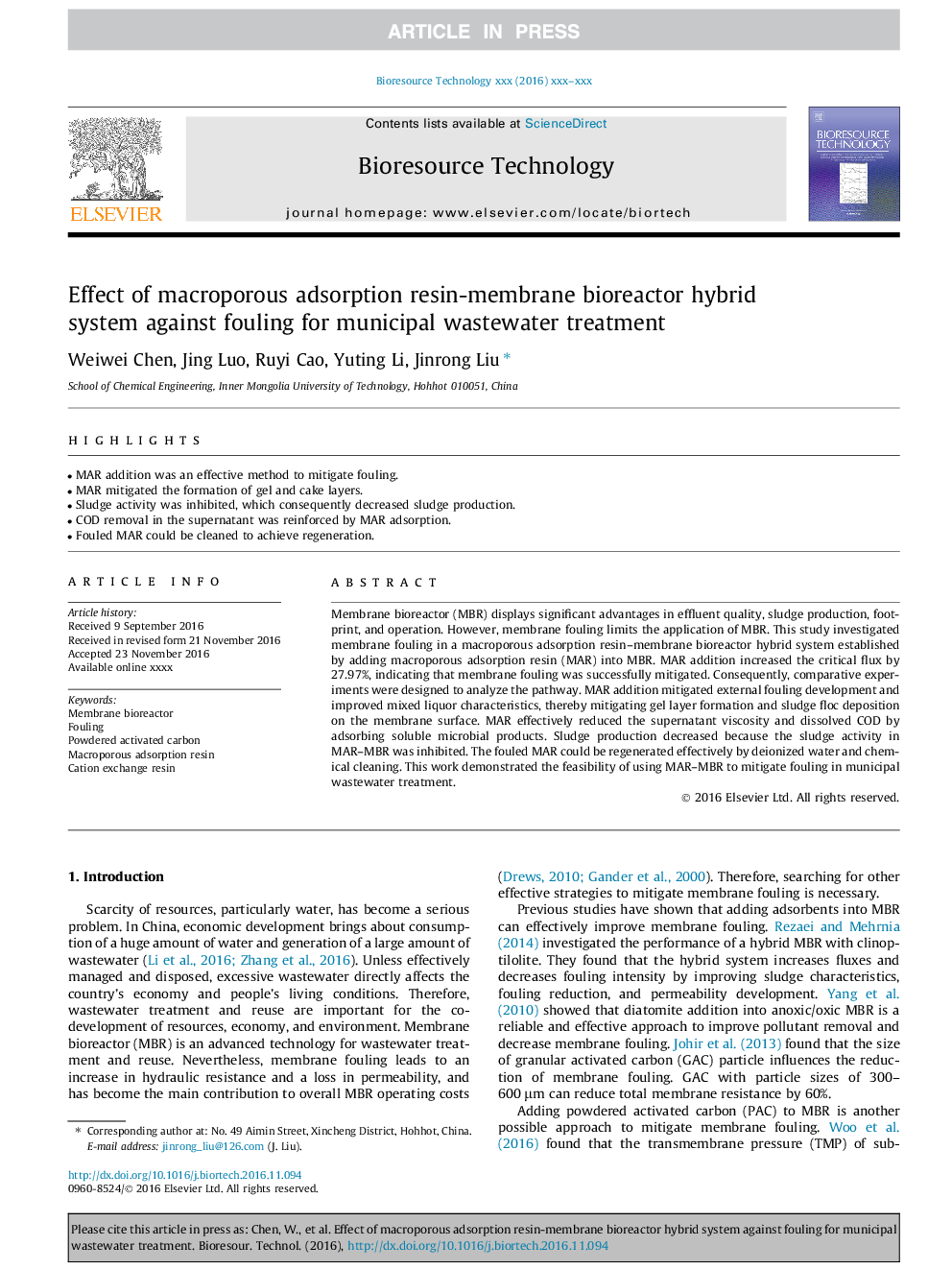 Effect of macroporous adsorption resin-membrane bioreactor hybrid system against fouling for municipal wastewater treatment