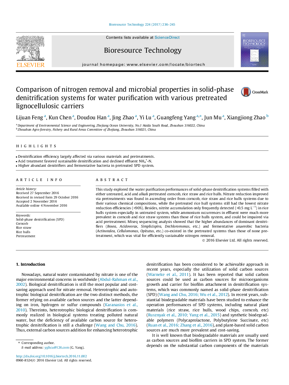 Comparison of nitrogen removal and microbial properties in solid-phase denitrification systems for water purification with various pretreated lignocellulosic carriers