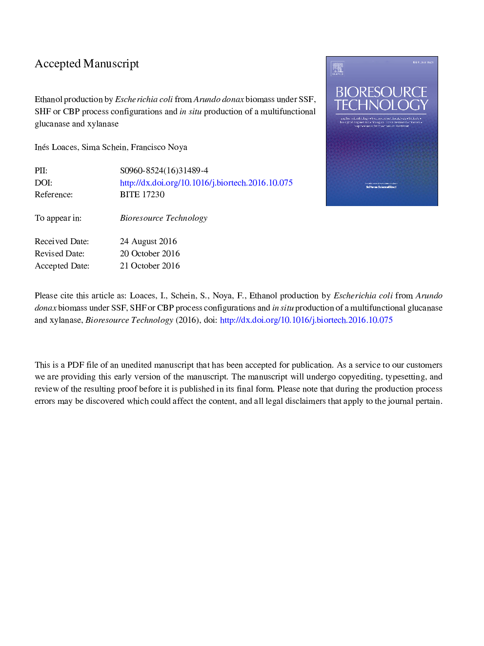 Ethanol production by Escherichia coli from Arundo donax biomass under SSF, SHF or CBP process configurations and in situ production of a multifunctional glucanase and xylanase