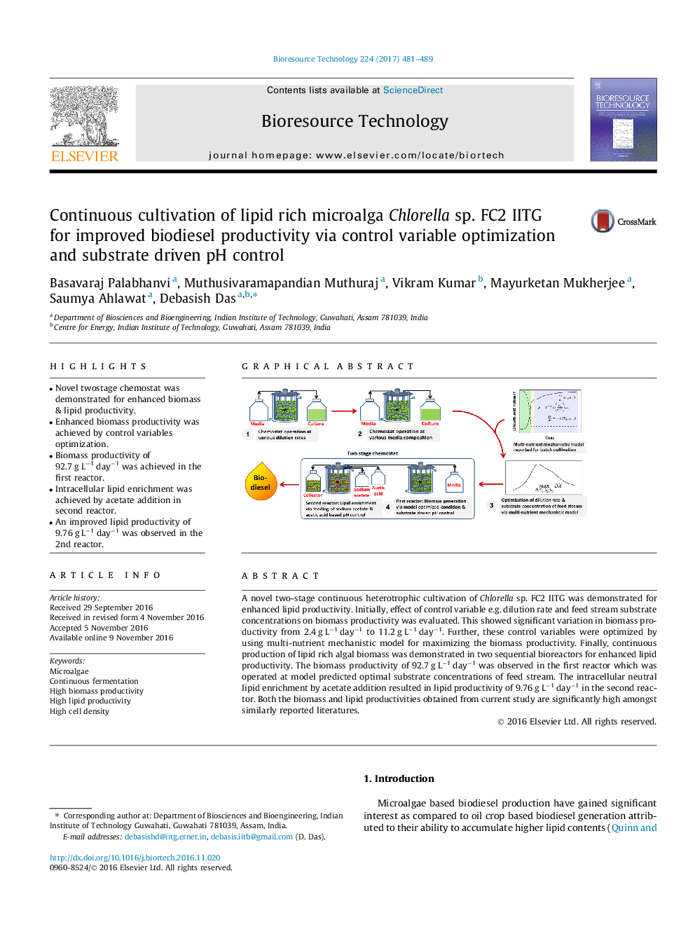 Continuous cultivation of lipid rich microalga Chlorella sp. FC2 IITG for improved biodiesel productivity via control variable optimization and substrate driven pH control