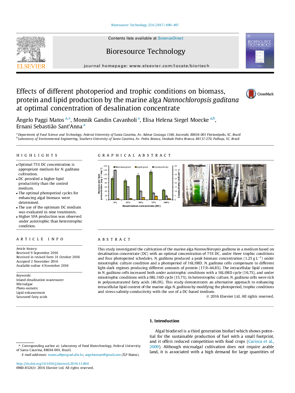 Effects of different photoperiod and trophic conditions on biomass, protein and lipid production by the marine alga Nannochloropsis gaditana at optimal concentration of desalination concentrate