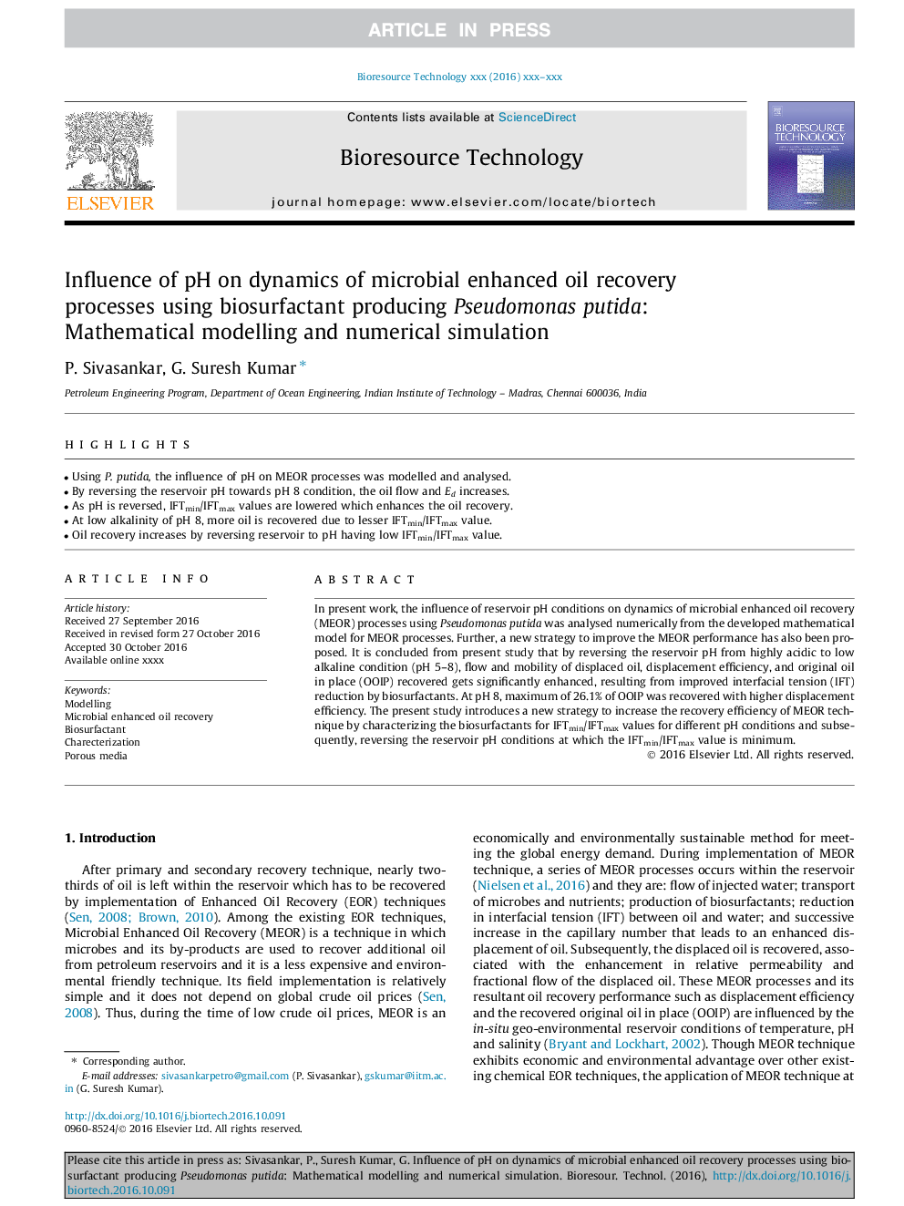 Influence of pH on dynamics of microbial enhanced oil recovery processes using biosurfactant producing Pseudomonas putida: Mathematical modelling and numerical simulation