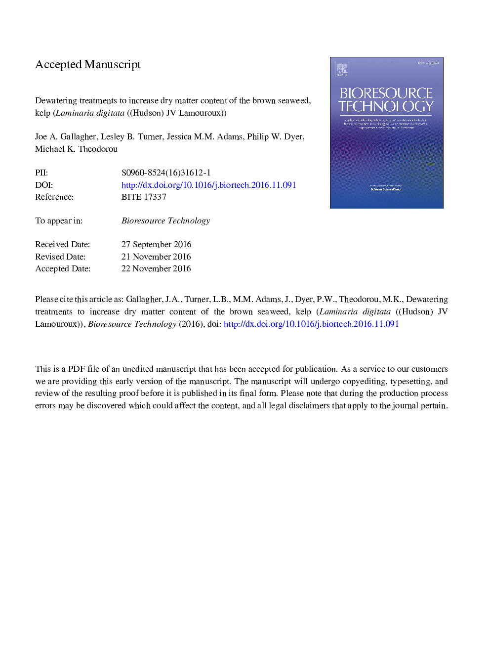 Dewatering treatments to increase dry matter content of the brown seaweed, kelp (Laminaria digitata ((Hudson) JV Lamouroux))