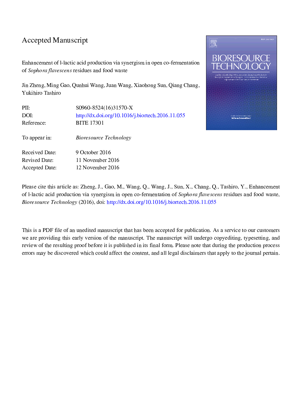 عکس صفحه اول مقاله: Enhancement of l-lactic acid production via synergism in open co-fermentation of Sophora flavescens residues and food waste Enhancement of l-lactic acid production via synergism in open co-fermentation of Sophora flavescens residues and food waste