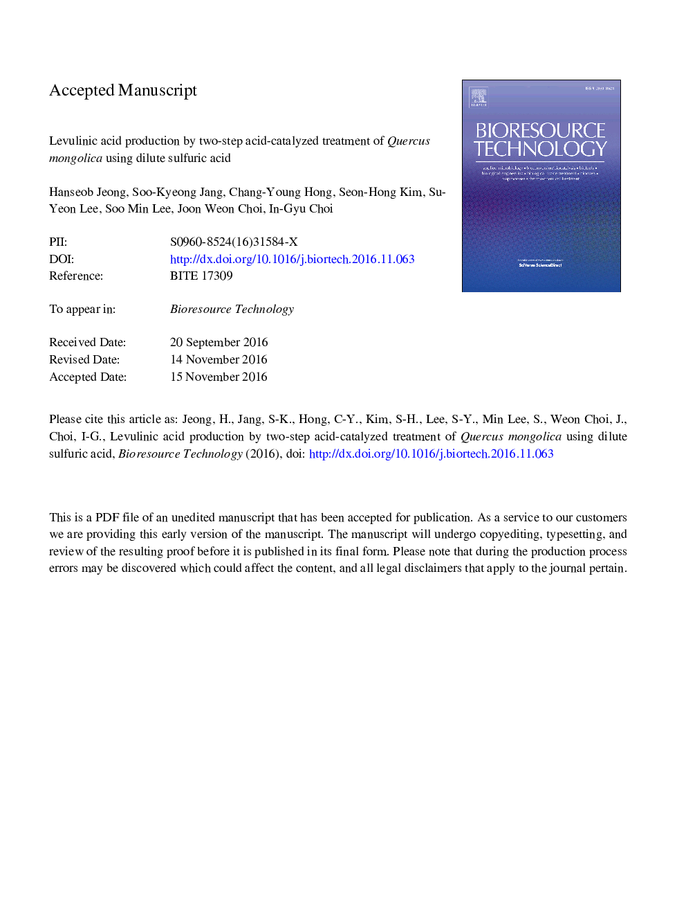 Levulinic acid production by two-step acid-catalyzed treatment of Quercus mongolica using dilute sulfuric acid