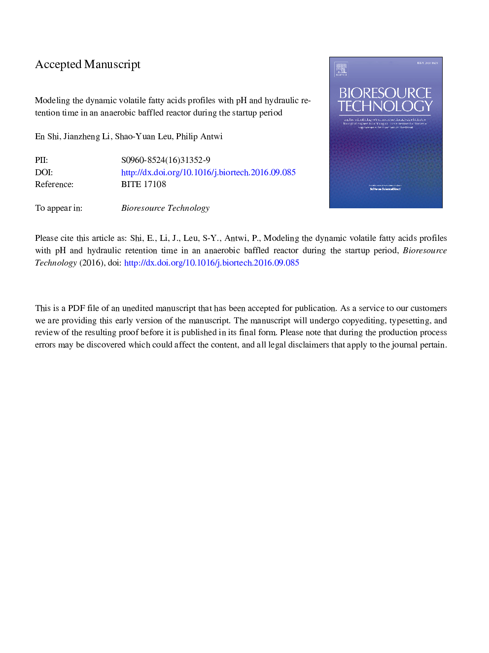 Modeling the dynamic volatile fatty acids profiles with pH and hydraulic retention time in an anaerobic baffled reactor during the startup period