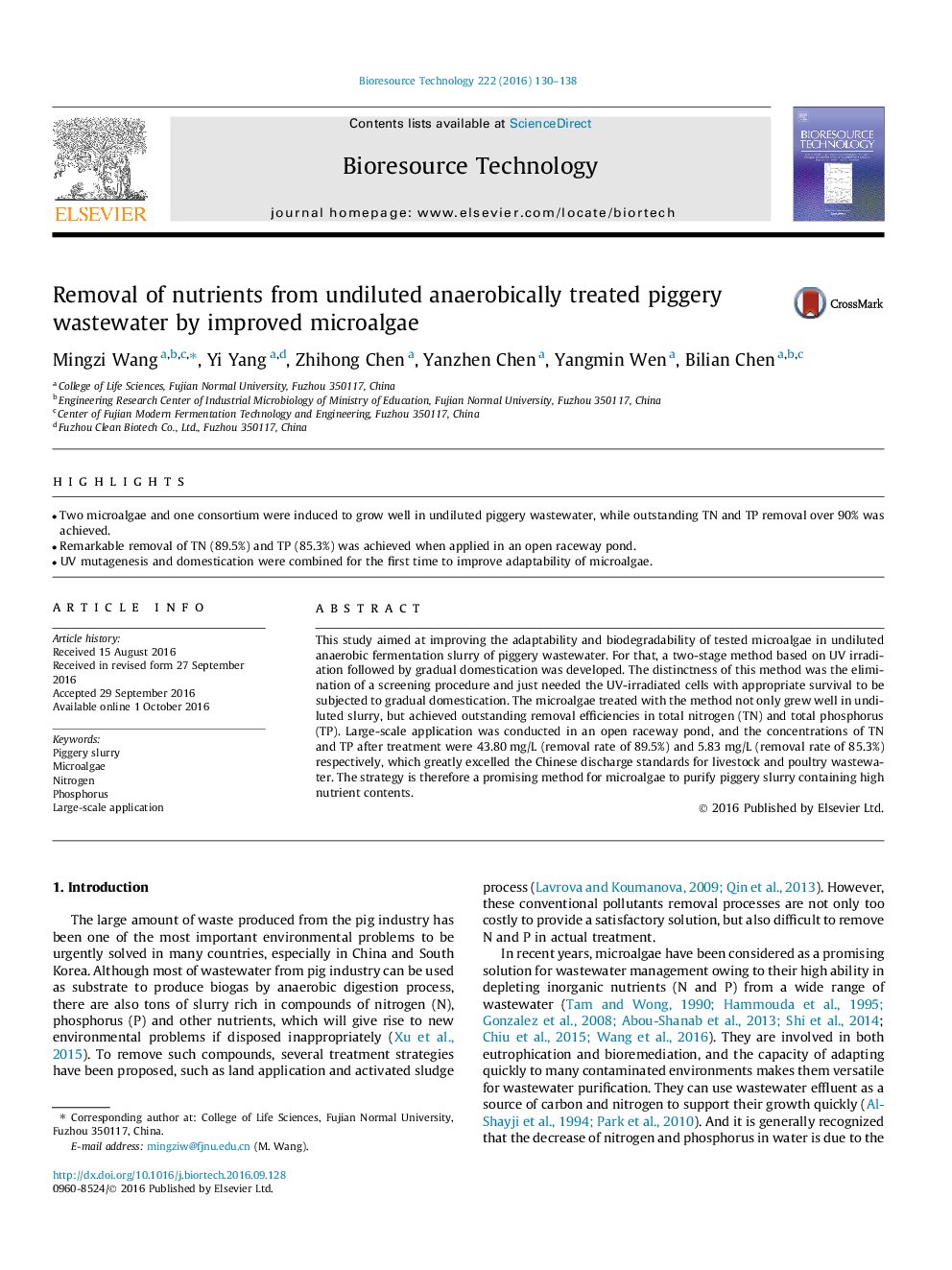 Removal of nutrients from undiluted anaerobically treated piggery wastewater by improved microalgae