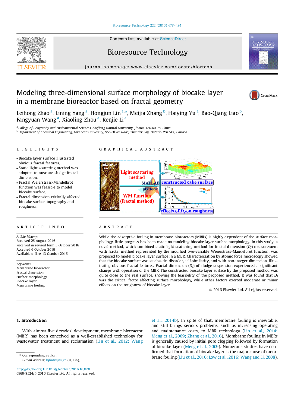 Modeling three-dimensional surface morphology of biocake layer in a membrane bioreactor based on fractal geometry