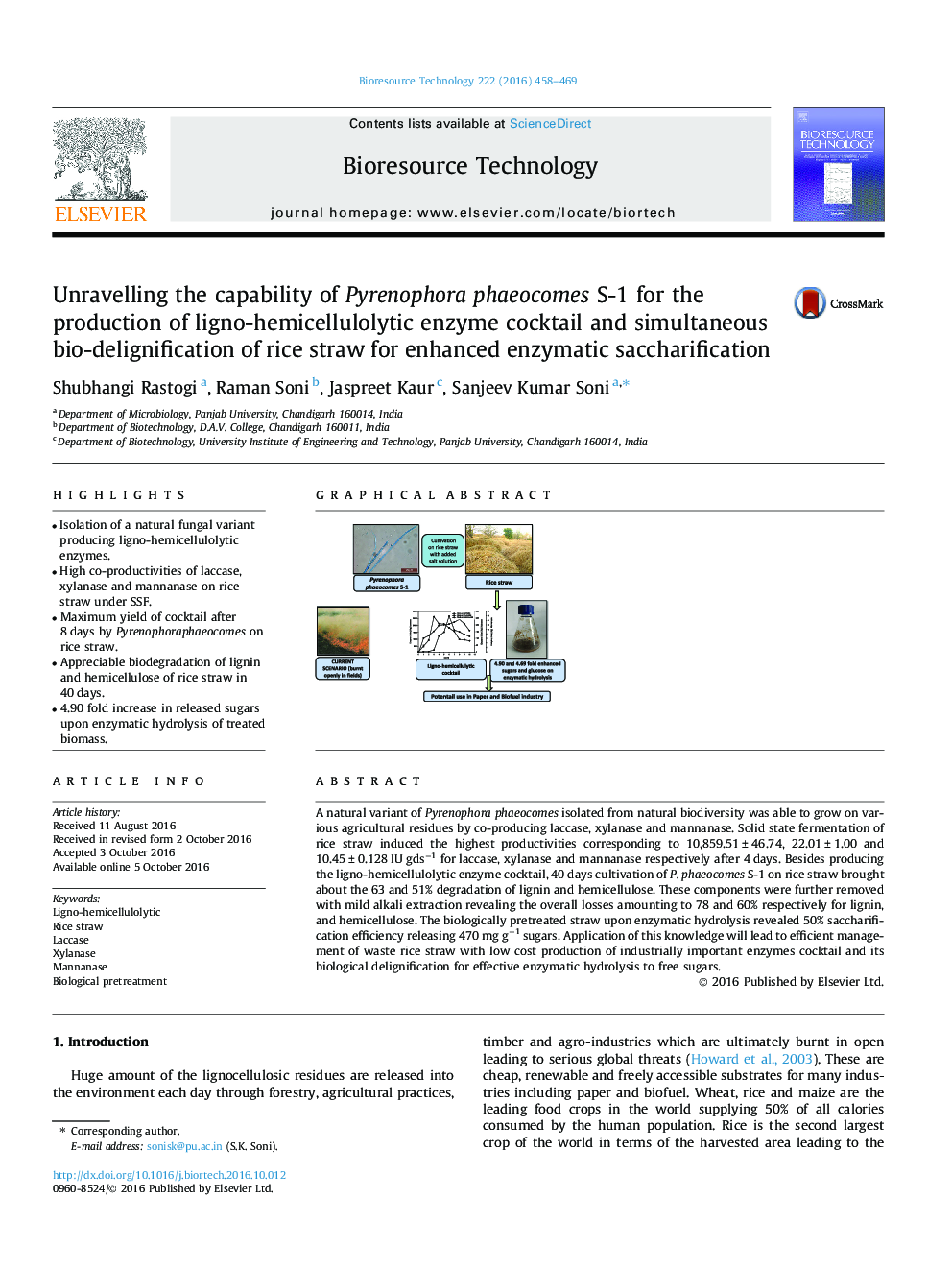 Unravelling the capability of Pyrenophora phaeocomes S-1 for the production of ligno-hemicellulolytic enzyme cocktail and simultaneous bio-delignification of rice straw for enhanced enzymatic saccharification