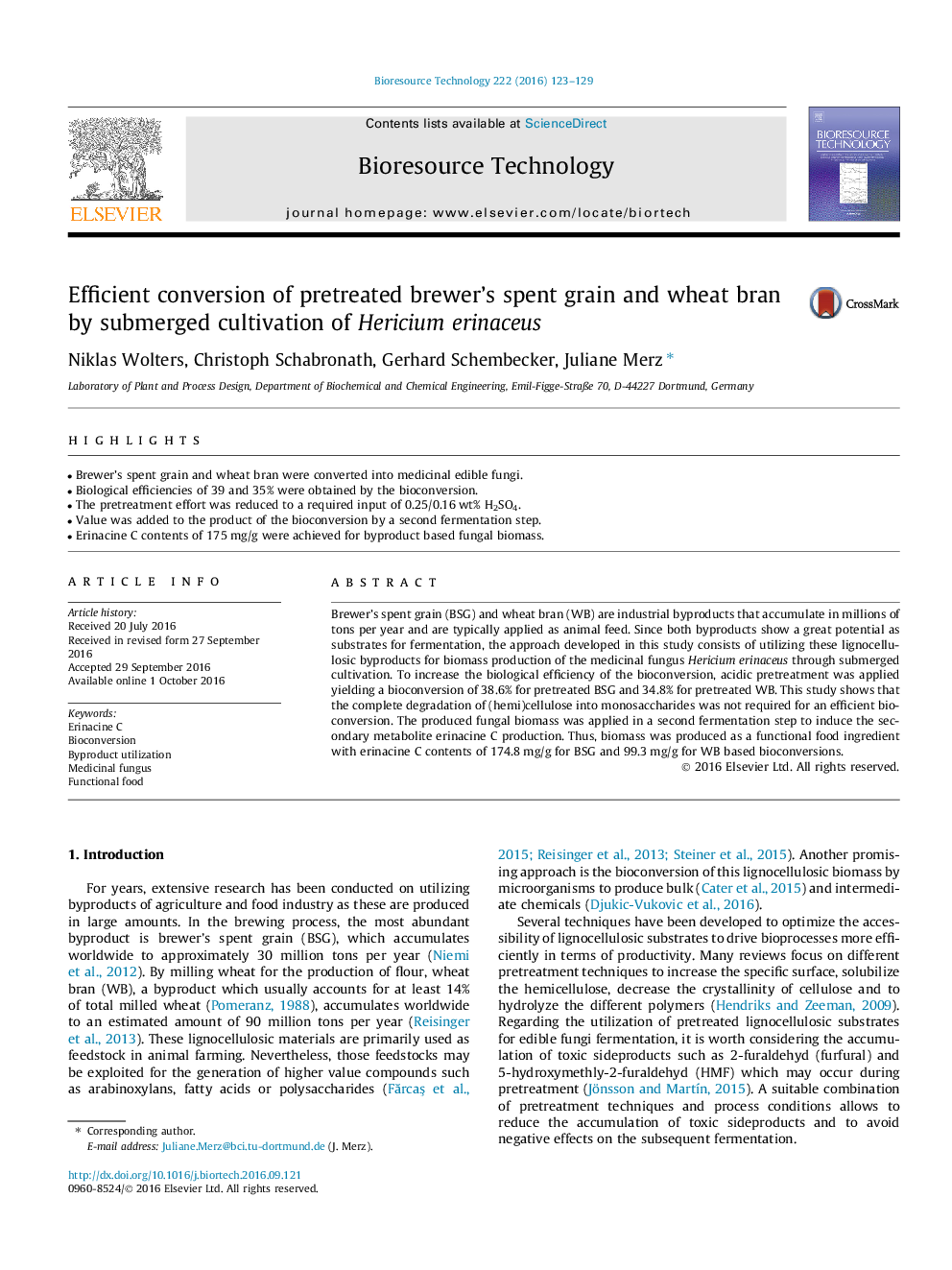 Efficient conversion of pretreated brewer's spent grain and wheat bran by submerged cultivation of Hericium erinaceus