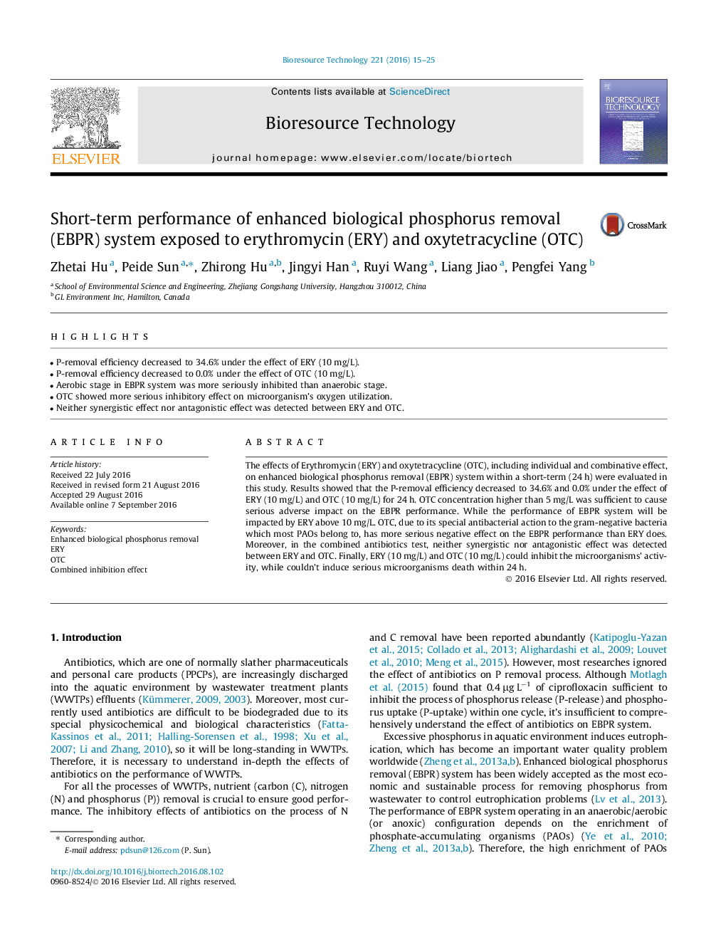 Short-term performance of enhanced biological phosphorus removal (EBPR) system exposed to erythromycin (ERY) and oxytetracycline (OTC)