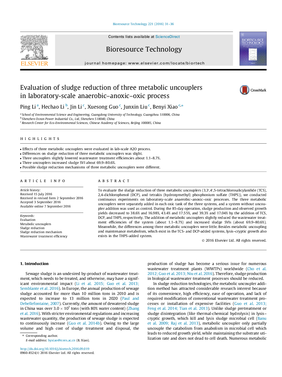 Evaluation of sludge reduction of three metabolic uncouplers in laboratory-scale anaerobic-anoxic-oxic process