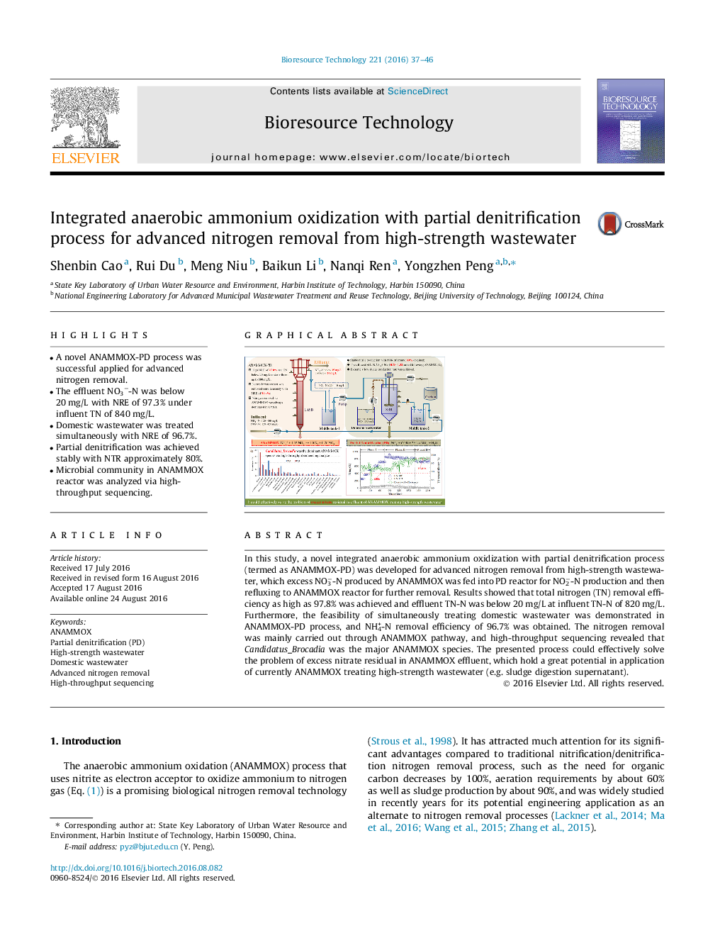 Integrated anaerobic ammonium oxidization with partial denitrification process for advanced nitrogen removal from high-strength wastewater