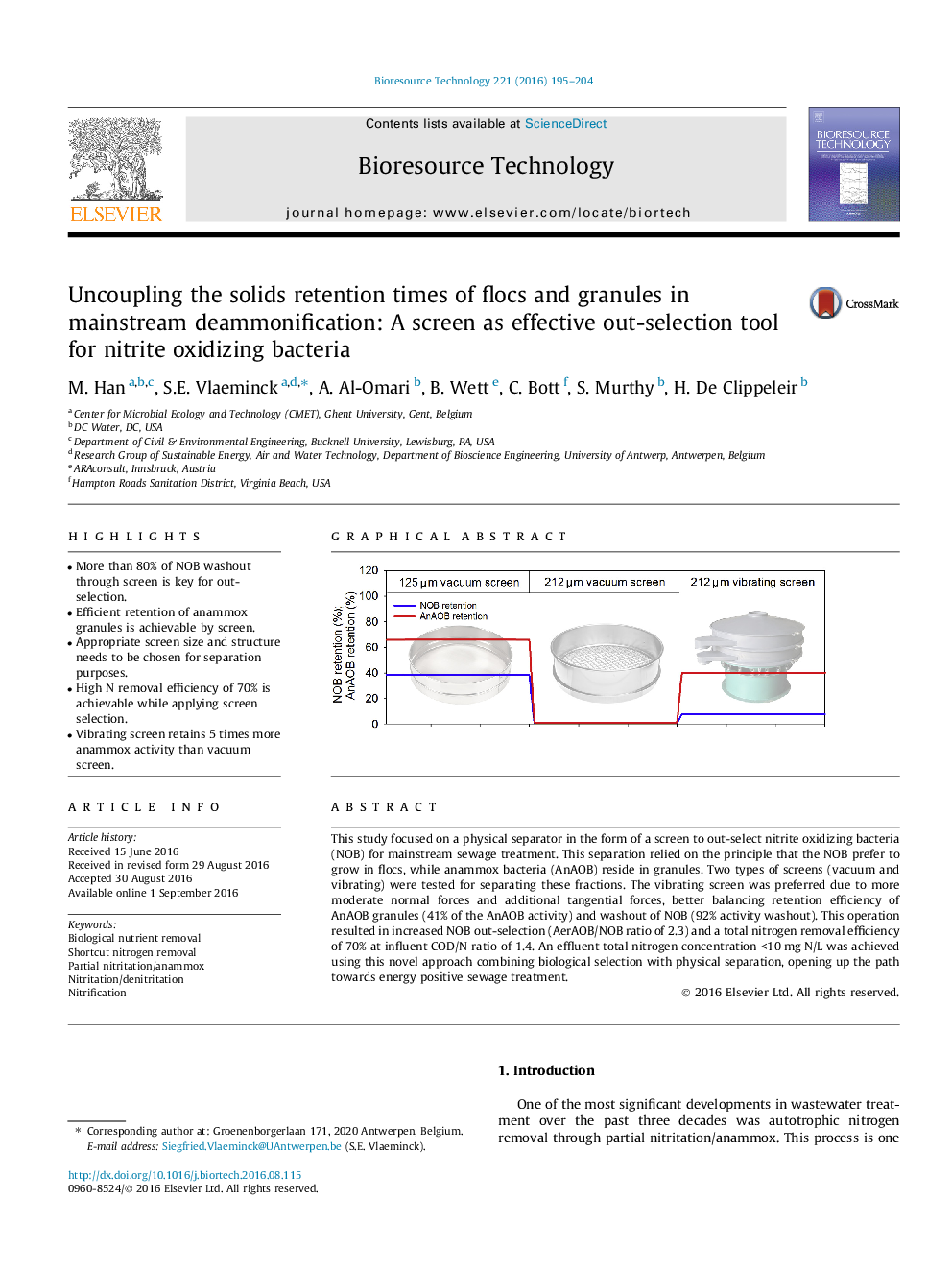 Uncoupling the solids retention times of flocs and granules in mainstream deammonification: A screen as effective out-selection tool for nitrite oxidizing bacteria