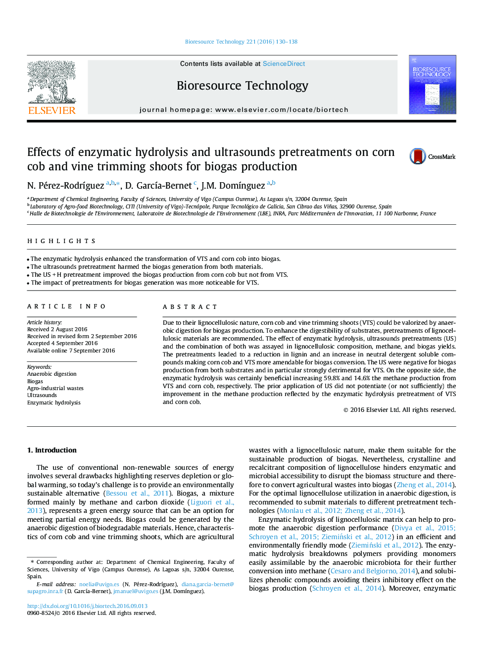 Effects of enzymatic hydrolysis and ultrasounds pretreatments on corn cob and vine trimming shoots for biogas production