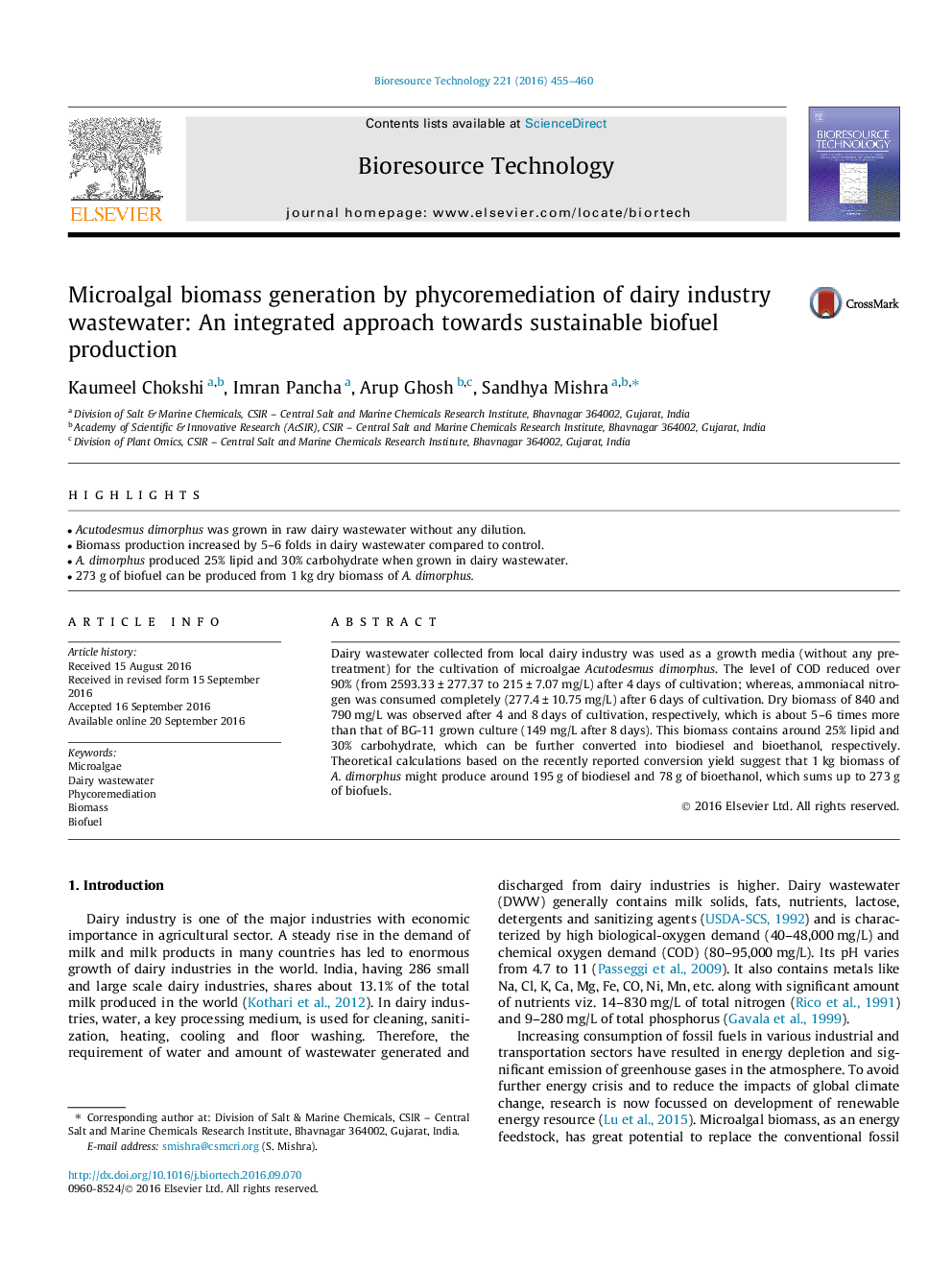 Microalgal biomass generation by phycoremediation of dairy industry wastewater: An integrated approach towards sustainable biofuel production