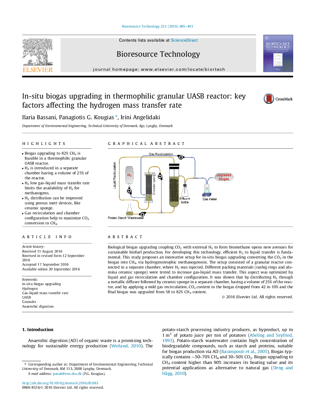 In-situ biogas upgrading in thermophilic granular UASB reactor: key factors affecting the hydrogen mass transfer rate