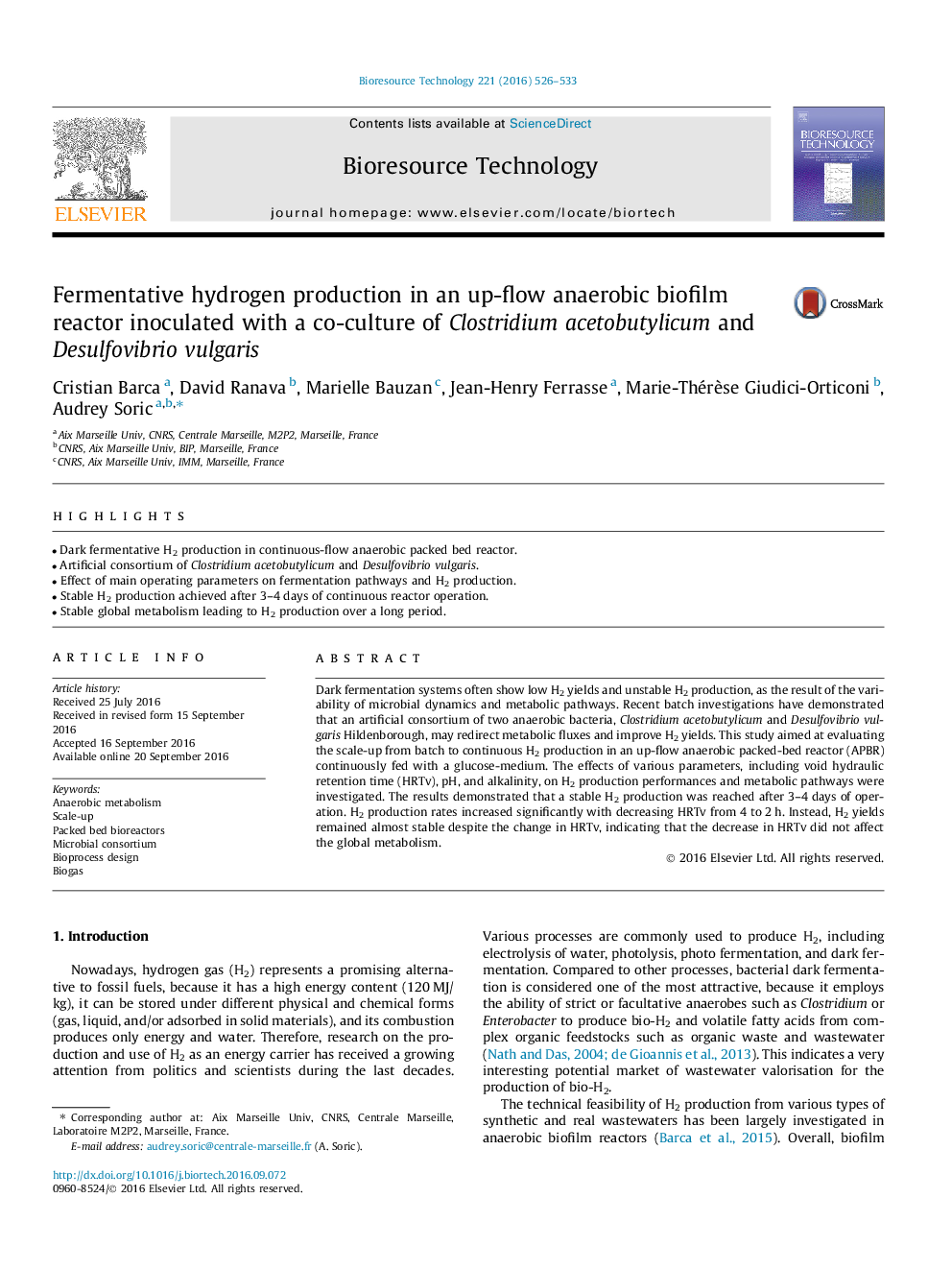 Fermentative hydrogen production in an up-flow anaerobic biofilm reactor inoculated with a co-culture of Clostridium acetobutylicum and Desulfovibrio vulgaris